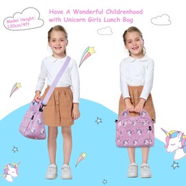 Kasgo Lunch Box Bag, Lightweight Kids Lunch Bag Neoprene Toddler Lunch Bag Girls Snack Tote Bag with Front Pocket and Detachable Shoulder Strap for School Picnic Travel (Purple Unicorn)