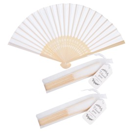 SL crafts 50pcs Fabric Hand Fan Fabric Bamboo Handheld Folded Fan with Organza Bags and Thank you Tags Wedding Party Favors (White)