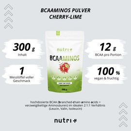 BCAA Cherry Lime - Amino Acids Complex High Dose - BCAAminos Instant Powder Cherry Vegan - Amino Acid Powder - 2:1:1 L-Leucine L-Isoleucine L-Valine 300 g - Amino Acid Complex