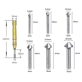 NIYATA 6 Piece 90° Countersink Set, HSS Countersink Set, Steel Countersink Drill Set, Titanium Coatings, Countersink Drill Bit Diameter 6.3/8.3/10.4/12.4/16.5/20.5 mm with 1 Brass Automatic Centre