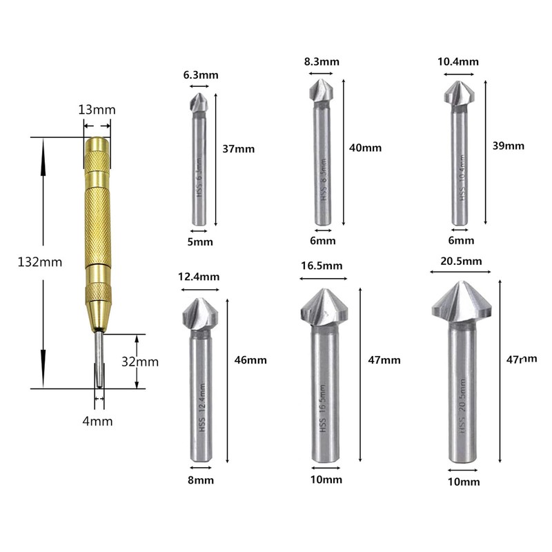 NIYATA 6 Piece 90° Countersink Set, HSS Countersink Set, Steel