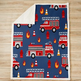 Cartoon Car Sherpa Blanket Fire Truck Fleece Throw Blanket for Bed Sofa Couch Kids Room Decor Firefighter Plush Blanket Firemen Car Vehicle Fire Engine Blue Red Fuzzy Blanket Baby 30"x40"