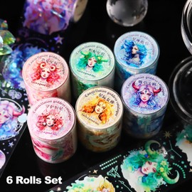 MiyouLuna 6 Pcs Constellation Goddess PET Scrapbook Tapes, Holographic Stickers for Journaling, Scrapbook Supplies, and Ephemera, with Decorative Clip