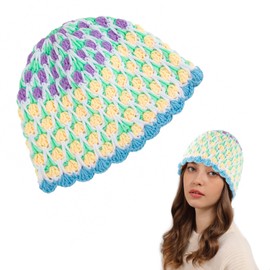 OSOPLAY Handmade Kintted Fishing Hat for Women Flower Bucket Hat Collapsible Cap (Yellow Flower)