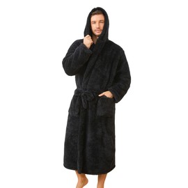 U2SKIIN Women Plush Fleece Hooded Robe, Soft Warm Long Bathrobe with Pockets, Cozy Shower Robe for Women with Front Zipper(BLACK,L/XL)