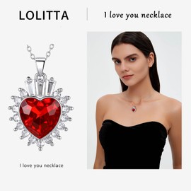 LOLITTA Ruby Red Crystal Heart Necklaces For Women,Valentines Gifts For Her,Crystal Pendant Rose Gifts Set On Birthday Mothers Day Christmas Anniversary,White Gold Plated,18 plus 2 inch Adjustable Chain