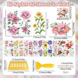WANDIC 12 Sheets Rub On Transfer Stickers Flower Waterproof Decals Journal Album Stickers Furniture Craft Decals for DIY Scrapbooking