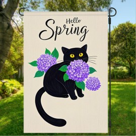 BlissYard Spring Garden Flags 12x18 Double Sided Outdoor Spring Decor Spring Banner Spring Decorations For Home Black Cat with Hydrangeas Spring Yard Flags For Outside Seasonal Yard Decoration
