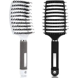 TAVVKE Wild boar bristle hair brush set, curved and ventilated tangled hair brush, unisex 2 Pack (Black, White)