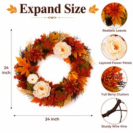 Fall Wreath for Front Door, 24 Inch Artificial Autumn Door Decor