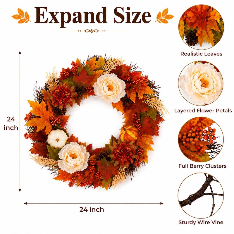 Fall Wreath for Front Door, 24 Inch Artificial Autumn Door