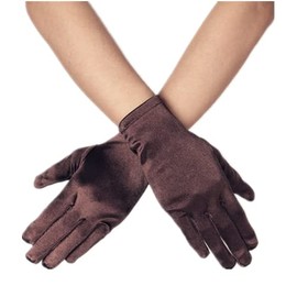 DreamHigh Women Short Satin Mittens Opera Gloves Wrist Length Gloves (Brown)