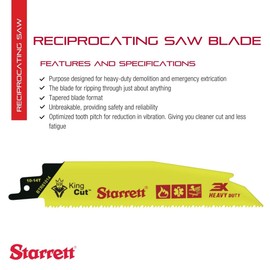 Starrett Bi-Metal King Cut Fire Rescue and Demolition Reciprocating Saw Blade - 6" Length, 1" Width, 0.63" Thickness, Tapered Blade, 10-14 TPI - 20-Pack - BTR61014-20