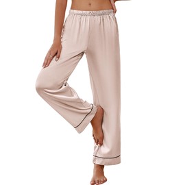 Ekouaer Womens Silk Satin Pajama Pants Soft Loose Lounge Pants Lightweight Elastic Waist Wide Leg Pj Bottoms with Pockets Champagne S