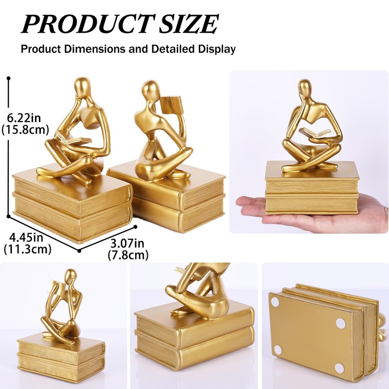 Reading Thinker Statue Book Ends for Shelves, Decorative Bookends for