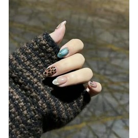 Uñas postizas acrílicas de longitud media con forma de almendra, diseño retro de estampado de leopardo, tipo prensado, profesionales y reutilizables.