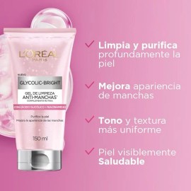 L'Oréal Paris Glycolic Bright Gel de Limpieza Profunda Anti Manchas, con Ácido Glicólico y Niacinamida, Reduce y Previene Todo Tipo de Manchas, 150 ml.