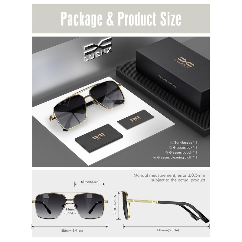 LUENX Polarized Square Aviator Sunglasses for Men, Trendy Retro Oversized