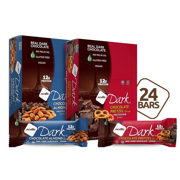 NuGo Dark Variety - Pretzel w/ Sea Salt 12 bars & New! Chocolate Almond with Sea Salt 12 bars, 12g Vegan Protein, 200 Calorie, Gluten Free, 24 count