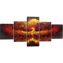 5 Piece Painting on Canvas Burning Phoenix Drawn in Heraldic Style Fire Phoenix Wall Art Vintage Pictures Print Artwork Home Decor for Living Room Giclee Framed Stretched Ready to Hang(50''Wx24''H)