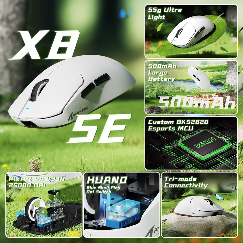 ATTACK SHARK X8 SE Wireless Gaming Mouse,55g Ultra-Lightweight Wired/BT/2.4GHz Wirelss