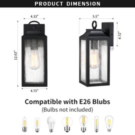 YKLITG 2 Pack Outdooor Wall Light Fixture,12.63'' Porch Exterior Wall Lantern Lighting,Black Industrial Sconce with Seeded Glass Shade for Doorway,Garage,Yard,Patio,BD059-1-BK2