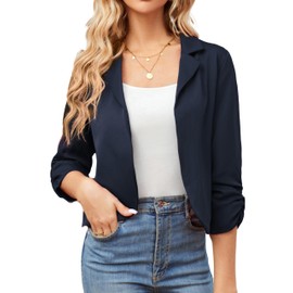 GRACE KARIN Women's Lightweight Cropped Blazer Business Blazer Jacket Casual Open Blazer 3/4 Sleeve Short Work Office Jacket Suit, navy suit fabric
