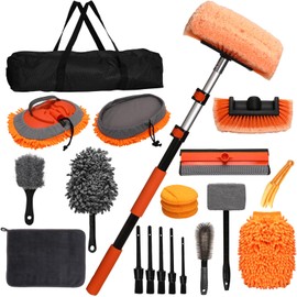 PuliKit 21Pcs Car Wash Kit with 60" Heavy-Duty Extension Pole, Soft Car Wash Brush, Wheel & Tire Brush, Scratch-Free Car Mop Mitt & Window Squeegee, Detailing Tool for Car Exterior & Interior Cleaning