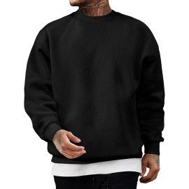 Men's Casual Long Sleeve Crewneck Solid Polyester Cotton Blend Pullover SweatshirtColor: Black, Size: Large