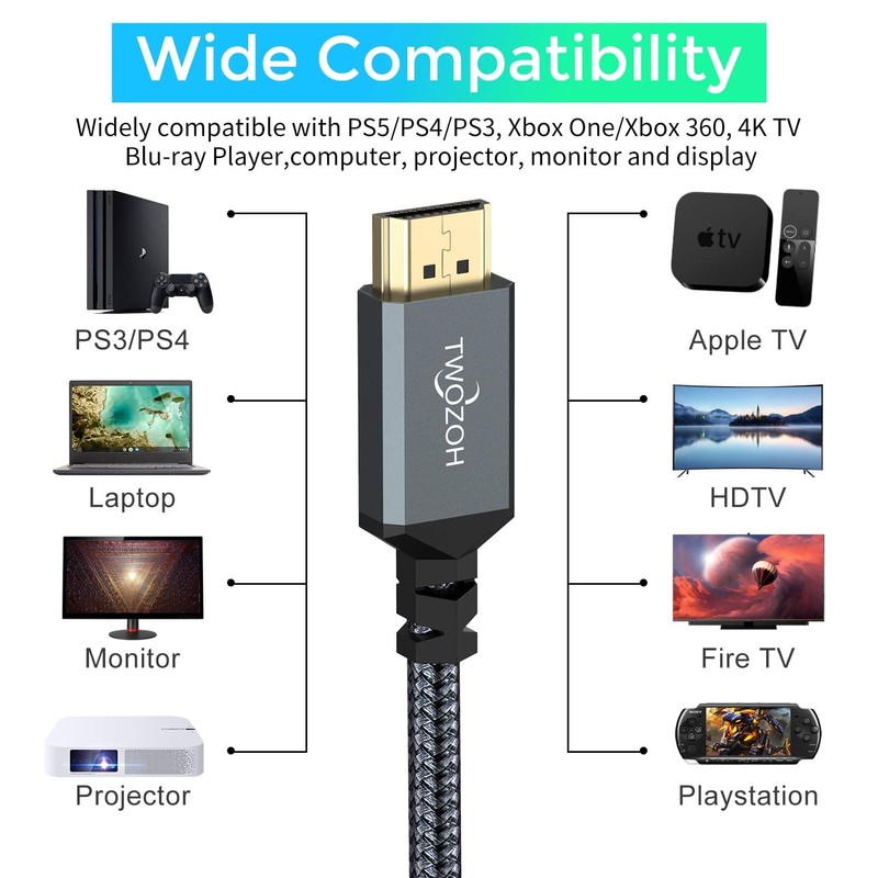 Twozoh 4K HDMI Cable, 2M 2-Pack Nylon Braided HDMI to