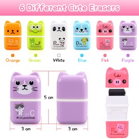 SAYEEC Cute Pencil Erasers, 6 Pack Cartoon Animal Themed Erasers with Cover and Roller, Removal Pencil Eraser Shaving Roller Case Eraser for School Office Stationery Supply Party Gift