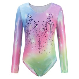 Happy Cherry Girl Gymnastics Leotard Sleeveless Gym Leotard Shiny Breathable Ballet Leotards Dance Quick Dry with Colorful Print 5-14 Years, Rainbow (Long Sleeve), 11-12 Years