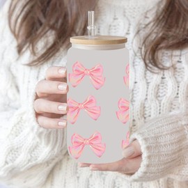 Pink UV DTF Transfer Cup Wraps, Bow UV DTF Wraps Sticker for 16 oz Glass Cups,UV DTF Cup Wrap Transfer Cup Stickers Decals Waterproof Rub on Transfers for Crafts Vintage