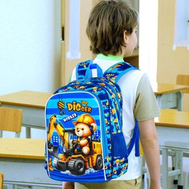 KLFVB 3PCS Boys Excavator Backpack, Water Resistant Kids Digger Bookbag with Lunch Box, 16" Preschool Backpacks for Elementary - Bear Excavator