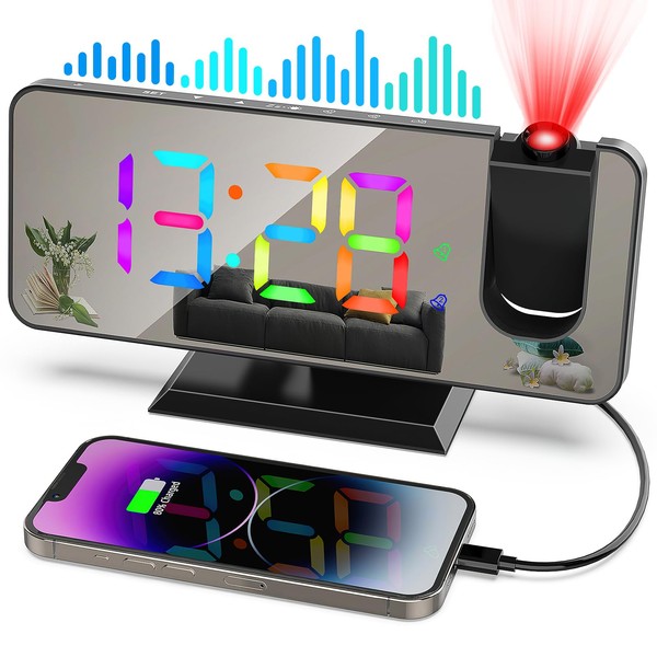 zerotop Projection Alarm Clock Radio Alarm Clocks Bedside with Projector,7.4" LED RGB Color Mirror Display,5-Level Brightness Dimmer,USB Charger,Snooze,12/24H,Digital Alarm Clock for Bedroom (Black)