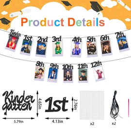 Threetols Class of 2024 Graduation Photo Banner, K-12 Grade Picture Garland Black Glitter Grad Photo Props Decorations Party Supplies for High School 5th 8th Grad Graduation Party Supplies