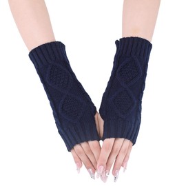 UTTPLL Womens Fingerless Gloves Winter Warm Knit Arm Warmers Mittens Soft Hand Crochet Wrist Warmers Thumb Hole Gloves Navy Blue One Size