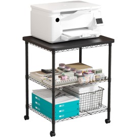 Howzone Printer Stand with Locking Wheels, Adjustable Heights 3 Tier Under Desk Table, Rolling Printer Cart Storage Paper Files Holder for Desk, Office, Home, Black