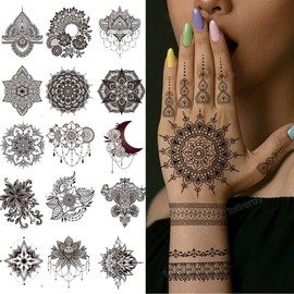 Henna Tattoos -20 Sheets Flower Temporary Tattoos Henna Flower Lace Design Waterproof Tattoo stickers for Women Wedding Party Festivals Parties Decoration Suppliers (black)