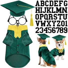 Huhumy 5 Pcs Dog Graduation Costume Set Include 2025 Pet Graduation Gown with Stole Puppy Grad Cap Lensless Glasses DIY Letter Stickers for Dogs Cats Holiday Costume Accessory(Green Yellow,L)