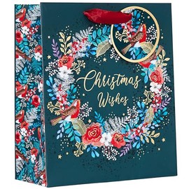 Design By Violet Christmas Wishes Wreath and Robin Design Gift Bag with Gift Tag - Medium - Gift Bag for Christmas, Gift Wrap, Christmas Wrapping Paper, Xmas, Festive Gift Bag