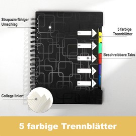 CAGIE Notebook A4 with Index Spiral Bound 240 Sheets (120 Pages) Small Spiral Notepad Lined Pad with Index for Work Office School College Essentials, Black, 24 x 29 cm