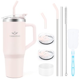 Tamarac - Vaso de 40 onzas con asa y tapa de popote, doble pared, reutilizable, al aspiradora, de acero inoxidable, aislado, botella de agua, taza de viaje, regalos para mujeres y hombres, mantiene