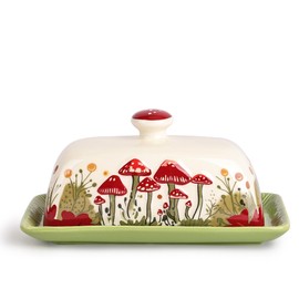 Fungi Fun Mushroom Butter Dish With Lid – Cute Cottagecore Ceramic Storage Container, Vintage French Covered Tray, Boho Farmhouse Kitchen Decor Gift, Unique Countertop Holder (Dark Green, Standard)