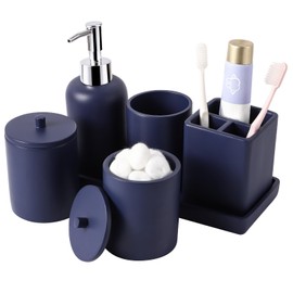 Resin 6 Pcs Navy Blue Bathroom Set Complete with Toothbrush Holder, Lotion Soap Dispenser, 2 Qtip Holder Dispensers,Vanity Tray,Bathroom Tumbler - Countertop Vanity Organizer - Bathroom Accessories