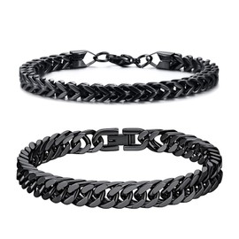 Men's Stainless Steel Bracelet, Men's Bracelet Stainless Steel Curb Chain, 19/21/23 cm Stainless Steel Bracelet for Men, Men's Silver/Black Bracelets, Pack of 2, Stainless Steel