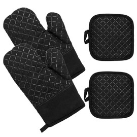 1 Paar Ofenhandschuhe Hitzebestaendig,Schwarz Topflappen Handschuh Anti-Rutsch Ofenhandschuhe Silikon mit 2 Topflappen,Silikon Handschuhe Backofen zum Kochen, Backen, Barbecue