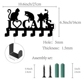 CREATCABIN Black Iron Key Holder, Wall Mounted Key Hook, Key Hanger, Metal Key Organiser for Hanging Entrance, Hallway, 27 x 16 cm, I Love Cats