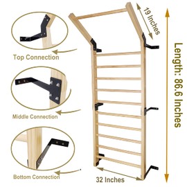 FC FUNCHEER Swedish Ladder,Gymnastics Stall Bar, Wall Mounted Pull Up Bar- Solid Wood With11 Strategic Rods-86.6 Inches Height, 32 Inches Width, Indoor Gym Workout Yoga