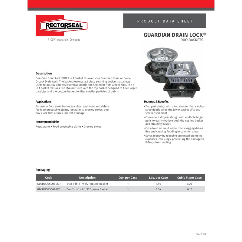 RectorSeal Guardian Drain Lock GDLDUO4500BSKR Duo 2-in-1 Basket Round Commercial